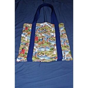 Large Coastal Nautical Tote Bag Lighthouse Seagull Patterns EUC